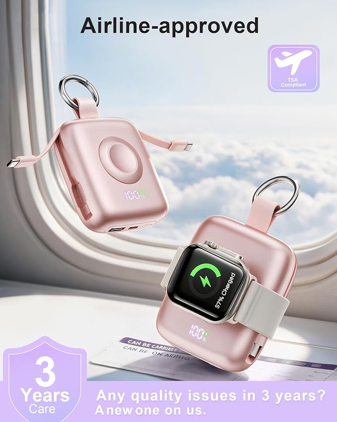 Portable Charger 3 in 1, Smaller 10000mAh Built-in Cables 22.5W Power Bank | Travel Essentials, Fast Charging Keychain Battery Pack for iPhone17/16/15/14/13, Android, iWatch Ultra/11/10/9/8, Pink - Image 10