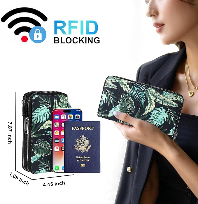 RFID Blocking Cellphone Wallet for Women with Wrist Strap, Double Zipper Travel Clutch Purse Large Capacity, Palm Leaf - Image 2