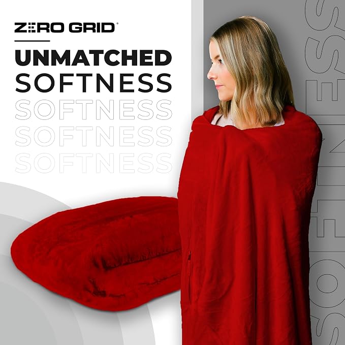 Zero Grid Lightweight Airplane & Travel Blanket with Foot Pockets, Red | Compact Wearable Blanket with Neck Snaps, Zips & Converts to Soft Pillow for Ultimate Comfort - Image 3