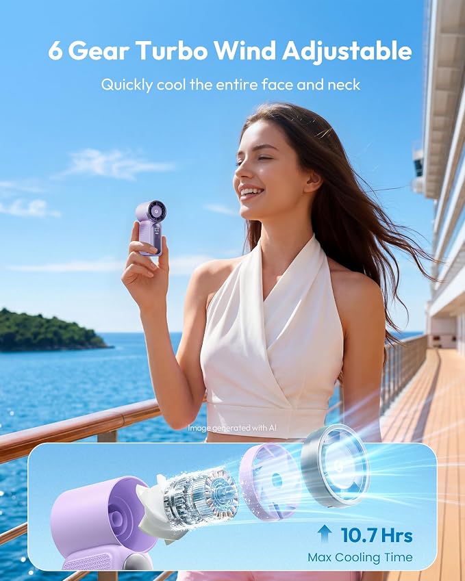 Gaiatop Portable Handheld Mini Fan, 6 Speeds 16900 RPM High Velocity Personal Fan with LED Display, USB Rechargeable, Mini Fan with Lanyard for Makeup, Travel, Outdoor, for Women Girl Gift, Purple - Image 5