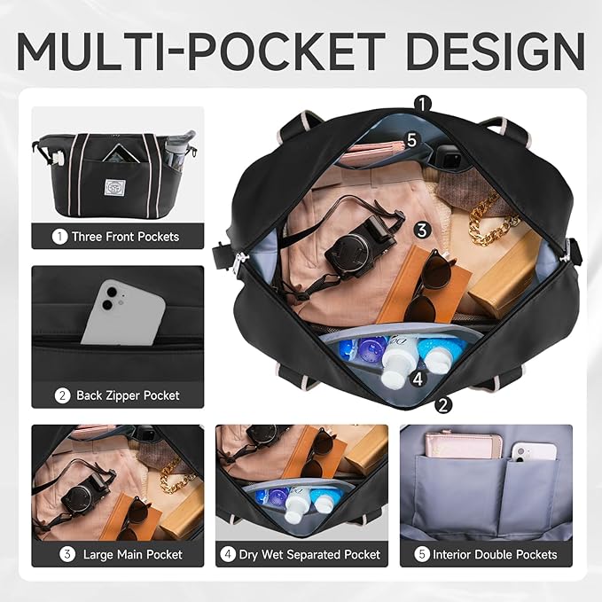 WALNEW Travel Duffel Bag, Weekender Overnight Carry On Bag for Women Men, Foldable Waterproof Gym Luggage with Metal Buckle Detachable Shoulder Strap and Wet Compartment (Black) | Overnight Carry On Bag, Foldable Waterproof Gym Luggage with Metal Buckl... - Image 5