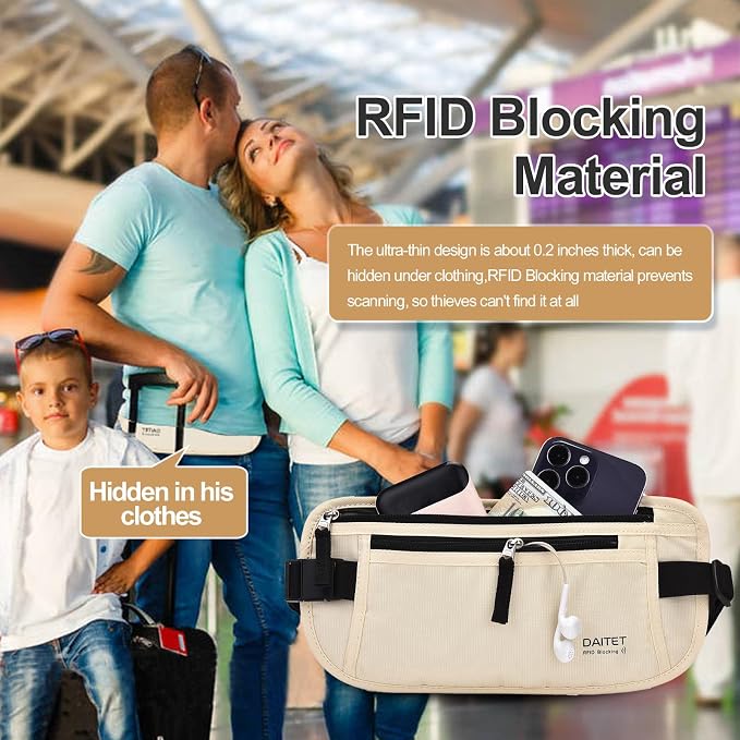 RFID Blocking Money Belt for Men Women, Slim Fanny Pack for Travel，Running,Conceal Waist Wallet for Passport Holder,Phone,Cash(Cream White) - Image 2