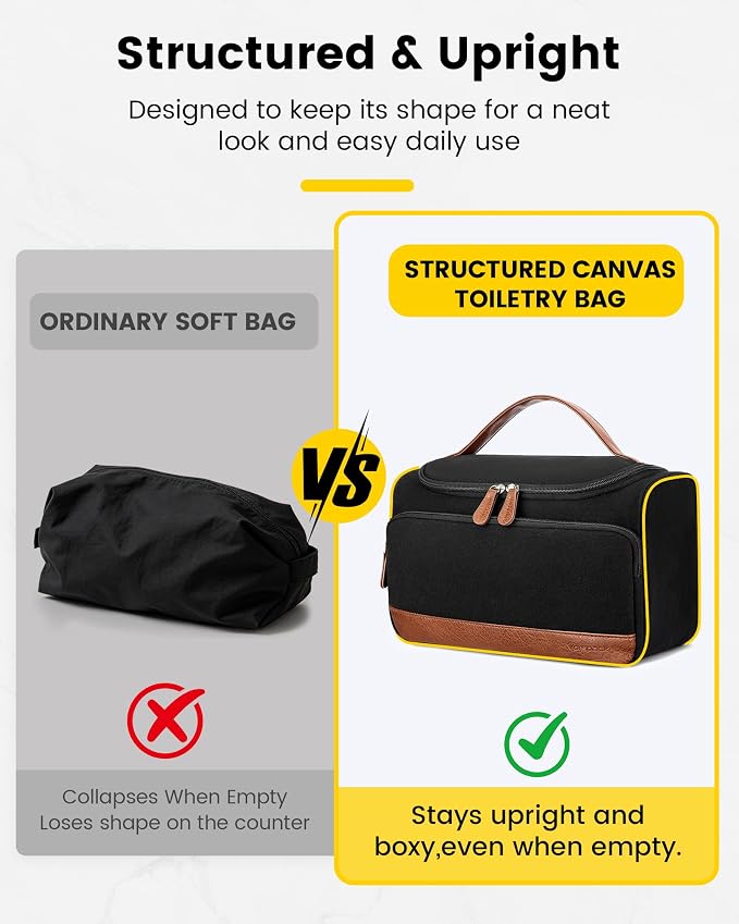 Vorspack Structured Canvas Travel Toiletry Bag for Men, Large-Black | Upright Travel Bag with Wet Pocket, Wide Opening, Bathroom Organizer for Shaving Grooming Skincare, Travel Essentials, Gifts - Image 2