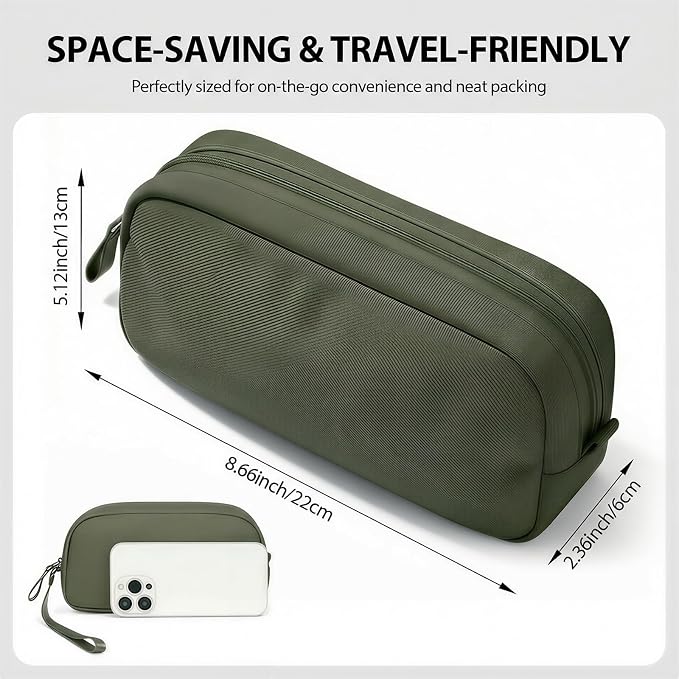 Waterproof Tech Organizer Bag for Cables & Chargers, Army Green | Features 8 compartments for 3ft+ cords, padded lining for protection, and 8 cable ties. 8.66x5.12x2.36 inches. - Image 2