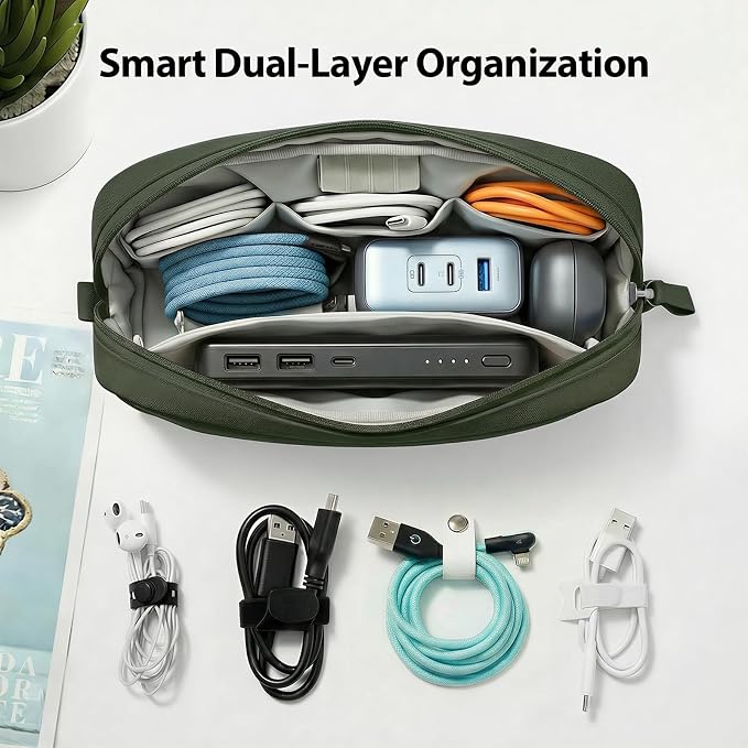 Waterproof Tech Organizer Bag for Cables & Chargers, Army Green | Features 8 compartments for 3ft+ cords, padded lining for protection, and 8 cable ties. 8.66x5.12x2.36 inches. - Image 3