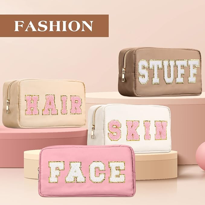 Preppy Makeup Bags Chenille Letter Stuff Bag Nylon Cosmetic Pouch Cases with Zipper for Women Travel Toiletry(Multi Colors,Classic,4 Pcs) - Image 2