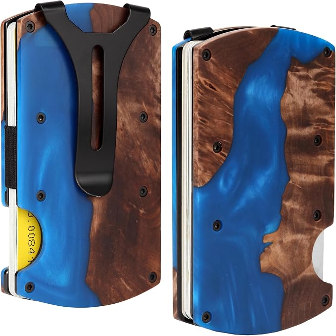 Minimalist Wallet for Men, Slim Metal RFID Blocking Wallet Credit Card Holder Money Clip & Cash Strap, Scratch-Resistant Holds 15 Cards,Ideal Gift for Men | Resin Wood, Unique Pattern ,Dark Blue by Unknown