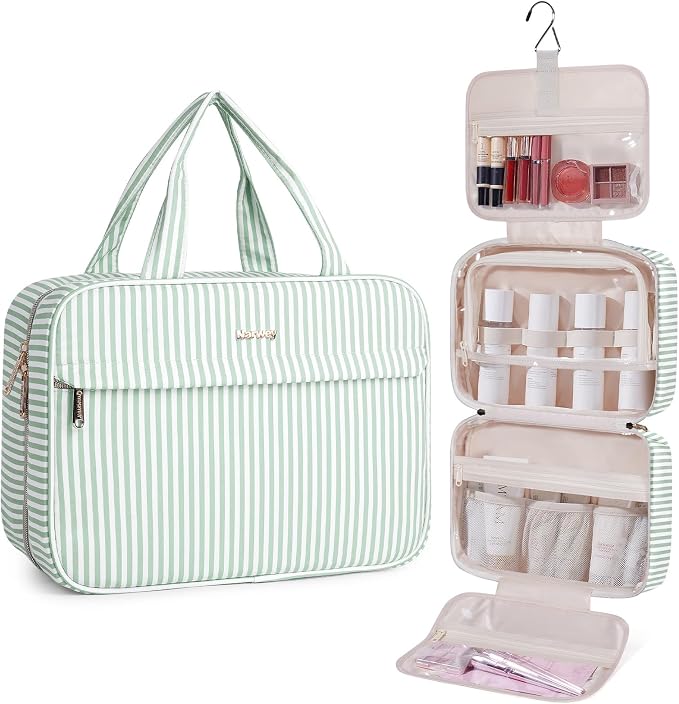 Narwey Striped Hanging Toiletry Bag for Women Travel Makeup Bag Organizer Cosmetic Make Up Toiletries Bag for Travel Essentials Accessories (Mint Green Stripe, Medium) by Narwey