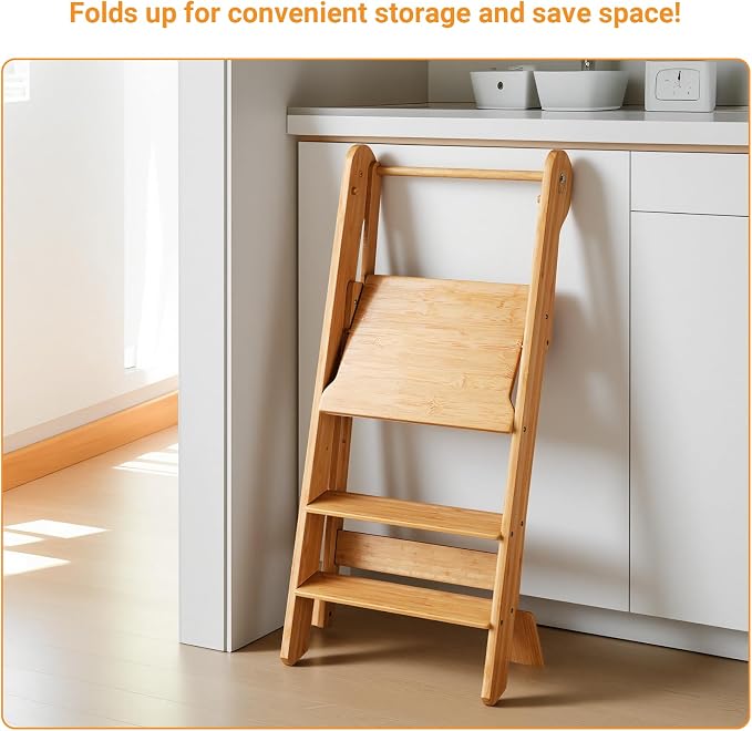 COSYLAND Toddler Standing Tower Foldable Toddler Kitchen Step Stool | Adjustable Height Folding Step Stool for Kids Learning and Cooking - Ages 18 Months to 6 Years with Safety Net Natural - Image 9