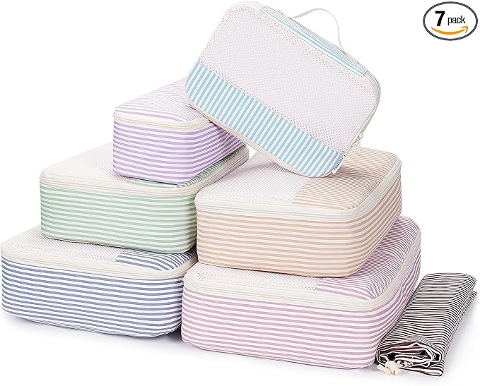 Narwey 7 Set Striped Packing Cubes for Travel Carry on Suitcase Luggage Organizer Bags for Kids Women Men, Durable Packing Organizers Bag, Travel Essentials Accessories (Stripe Combined) by Narwey