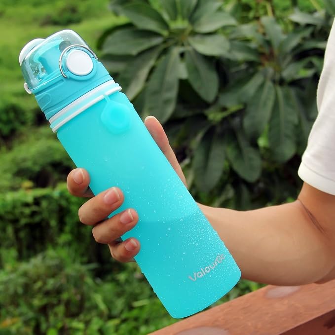 Valourgo Collapsible Water Bottle, Silicone Foldable with Leak Proof Valve BPA Free, Aqua Blue, 21 oz - Image 4