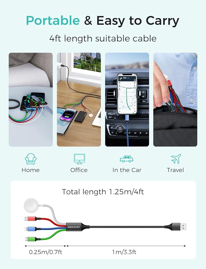 Cruise Essentials 2026,Travel Essentials,4 in 1 for Apple Watch Charger/iPhone Charger/Multi Charging Cable Camping Vacation,USB C/L/Micro Portable Charger for iWatch 11-1/iPhone 17-12,Car-4FT - Image 8