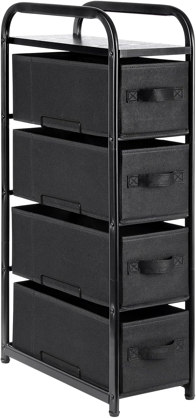 MAX Houser 4 Drawer Narrow Dresser Fabric Storage Tower Vertical Slim Storage Chest Organizer Nightstand Side/End Table Small Standing Organizer Removable Drawers Wood Top for Bedroom, Bathroom（Black by MAXHouser