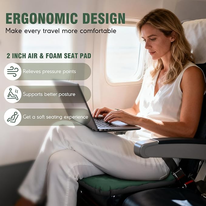Inflatable Seat Cushion, Self-Inflating Memory Foam Stadium Seats Cushion Lightweight & Compact Chair Sitting Pad Airplane Cushion for Long Flight Travel Outdoor Camping Car Bleachers Office - Image 5