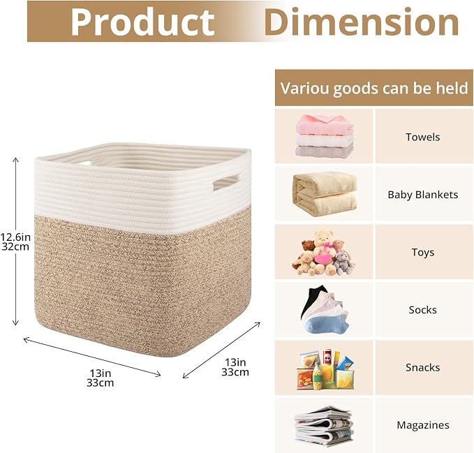 OIAHOMY 13 Inch Cube Storage Bins, 3-Pack Cotton Rope Woven Baskets for Organizing, Insert Storage Baskets for Shelves, Baby Nursery, Closet Organizer, 13 * 13 * 12.6IN, Brown & White - Image 2