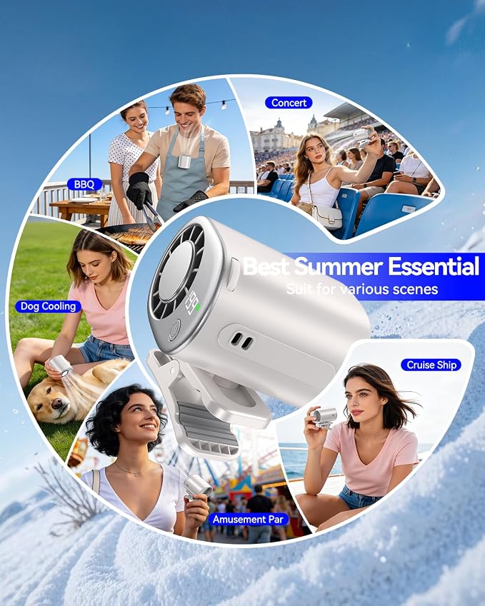 Clip-On Portable Fan with Ice Cooling, 20000 RPM Rechargeable Handheld Turbo Fan, 360° Rotating Detachable Clip, Mini Stroller Fan for Baby, Compact Travel Essentials, Summer Gifts for Women,White - Image 8