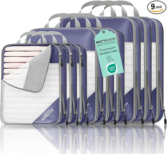 9 Set Compression Packing Cubes for Travel - Compressible, Lightweight, and Space-Saving Packing Cubes, Travel Essentials for Women, Bluish Purple by NICOSHOW