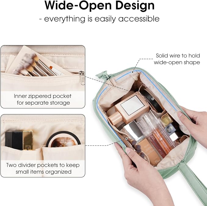 Narwey Wide-open Makeup Bag Women Girls, Travel Toiletry Bag for Women Cosmetic Bag Organizer Make up Bag with Compartments Toiletries Medicine Bag (Mint Green) - Image 2