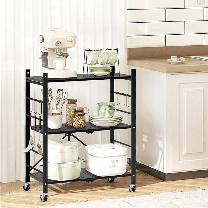 Himix 3 Tier Foldable Storage Shelf with Wheels 6 Hooks No Assembly Black | Metal collapsible organization, Folding shelves rack, Wire shelving, Unit rolling cart, Kitchen, Garage, Holds 792 Ibs - Image 8