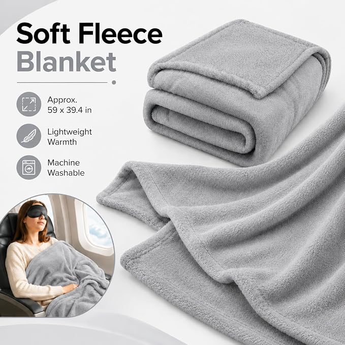 Travel Pillow and Blanket Set - Foot Hammock Rest Airplane Essentials, Grey | Memory Foam Neck Pillow Plane Foot Rest Airplane Accessories Essentials, Foldable Duffel Bag Eye Mask Earplugs for Comfort - Image 5