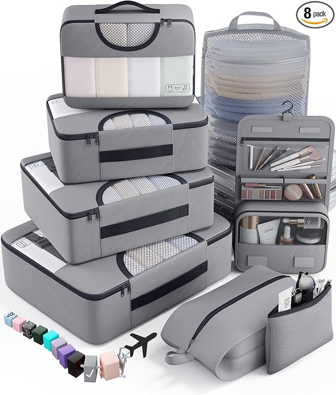 Veken 8 Set Packing Cubes for Travel Essentials,Anti-Wrinkle Buckled Suitcase Organizer for Shoe & Toiletry Bag,Carry On Luggage Bag with 99+ Count Mesh Holes for Airplane & College Dorm Accessories by Veken