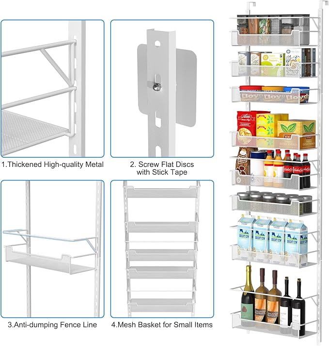 VyGrow Over the Door Pantry Organizer, 8-Tier Over the Door Organizer with Adjustable Basket, Pantry Door Organization for Pantry Kitchen Storage Room Spice Rack, White - Image 5