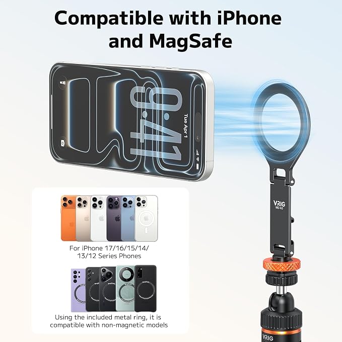 VRIG MG-40 Magnetic Phone Tripod Mount for Magsafe, Three Rotatable Axes Phone Holder with 1/4 Thread & Cold Shoe Adapter for Camera, Compatible with iPhone 17/16/ 15/14/ 13/12 Series - Image 6