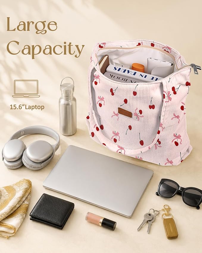 Aesthetic Corduroy Tote Bag with Zipper for Women | Reusable, Fits 14 Inch Laptop, Inner Pocket, double-sided print, Lightweight - Image 6