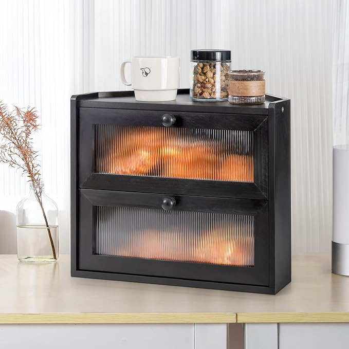 Sunhoo Bread Box for Kitchen Countertop Corner Large Wooden Bread Bin 2 Tier Rustic Food Storage Container with Acrylic Window Farmhouse Keeper Shelf Organizer for Loaves Pastries & Snacks (Black) - Image 7