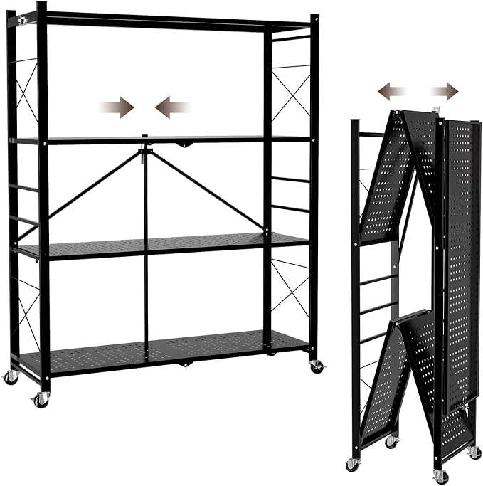 39.4" Wide 4-Tier Foldable Storage Shelves with Wheels & 20 Hooks | Heavy Duty Metal Folding Shelf Unit, No Assembly, Adjustable 3rd Shelf for Kitchen, Garage, Pantry, Bookshelf, Black by UEAKPIC