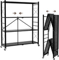 39.4" Wide 4-Tier Foldable Storage Shelves with Wheels & 20 Hooks | Heavy Duty Metal Folding Shelf Unit, No Assembly, Adjustable 3rd Shelf for Kitchen, Garage, Pantry, Bookshelf, Black by UEAKPIC