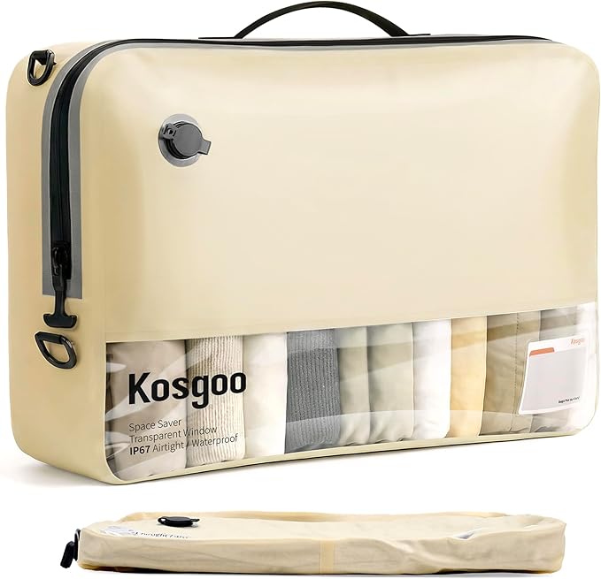 Vacuum Seal Bags for Travel 180° Open Compression Packing Cubes for Carry-on Luggage, IP67 Waterproof Space Saver Storage Bag (1 Pack No Pump, Beige) by KOSGOO