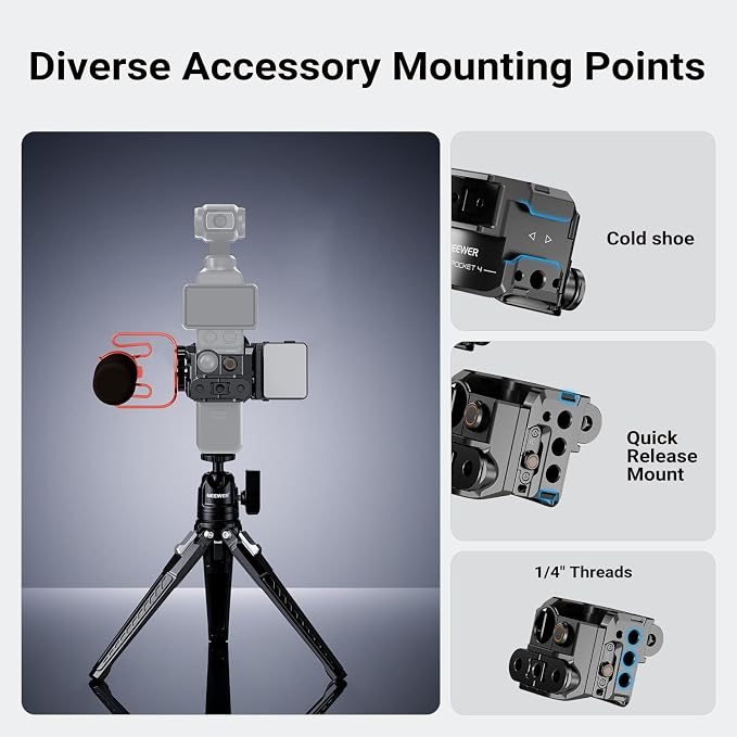 NEEWER Camera Cage Compatible with DJI Osmo Pocket 4P (4 Pro), Pocket 4, Xtra Muse, Protective Gimbal Camera Rig with Action Camera Accessories Mount Adapter & 1/4" Threads, No Assembly Needed, AC069 - Image 4