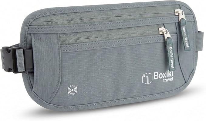 Money Belt for Travel w/RFID Blocking Technology - Hidden Travel Money Pouch for Cash, Credit Cards, Passport, and Travel Valuables - Secure Water Resistant Money Belt for Men & Women - Gray by BoxikiTravel