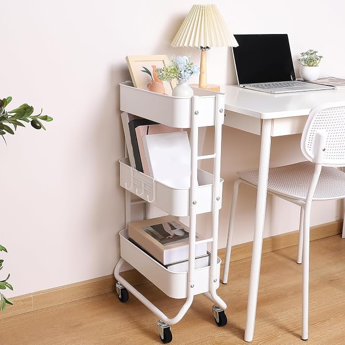 MAX Houser Slim 3-Tier Rolling Utility Cart with Extra Hook, White | Narrow Metal Bathroom Storage Multifunctional Organizer Carts with Wheels with Extra Hook, Laundry Room,Kitchen,Small Space - Image 4