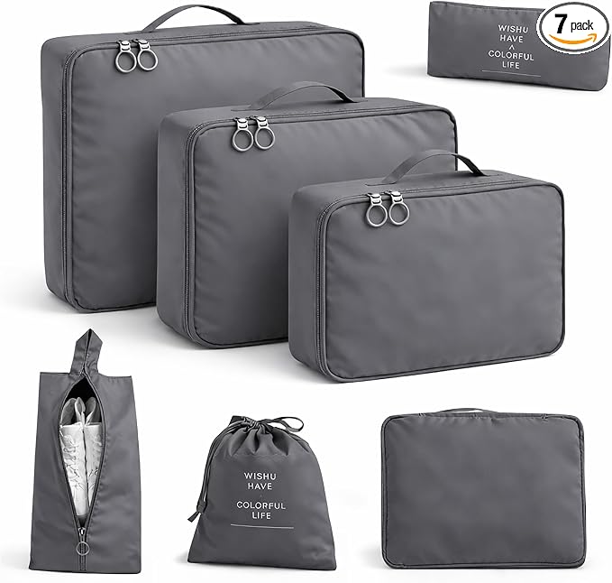 7 Set Packing Cubes For Travel | Luggage Organizer Bags With Shoe, Laundry Bag, Accessory Pouch And Lingerie Bag | Durable And Space Saving Suitcase Organizer For Travel Essentials | Grey by FUNSTITUTION