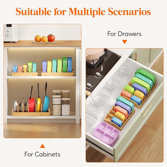 Lifewit Bamboo Lid Organizers for Inside Cabinet with 6 Sections | Food Container Lid Holder with 5 adjustable Inserts, Kitchen Pantry organizer and storage, Large, 13.2" x 10", Natural - Image 4