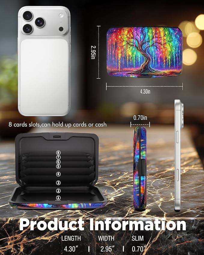 Maicican RFID Blocking Aluminum Credit Card Holder | Slim Metal Wallet for Women & Men, Business Card Case for Travel, Fits Front Pocket, Card holder wallet - Colorful tree - Image 6