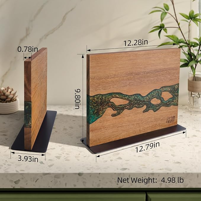 Magnetic Knife Block, Double-Sided Knife Holder with Strong Magnets, Acacia Wood and Golden Green Resin, Countertop Kitchen Knife Storage Stand (12 × 10 Inches, Without Knives) - Image 3