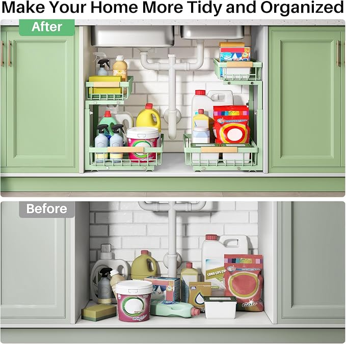 Kitstorack Under Sink Organizer, 2 Tier Under the Sink Storage, Slide out Pull out Cabinet Organizer Shelf, Metal Sliding Drawer for Kitchen Bathroom Pantry Closet Organization Rack, Green, 2 Pack - Image 8