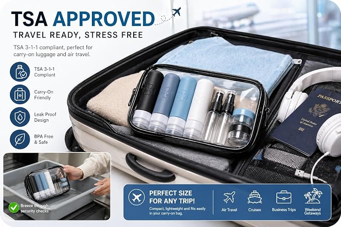 18 Pack TSA Approved Travel Bottles for Toiletries – Leak Proof Silicone Refillable Containers Set with Toiletry Bag, Squeeze Bottles, Spray Bottles & Cream Jars for Shampoo, Conditioner & Lotion - Image 4
