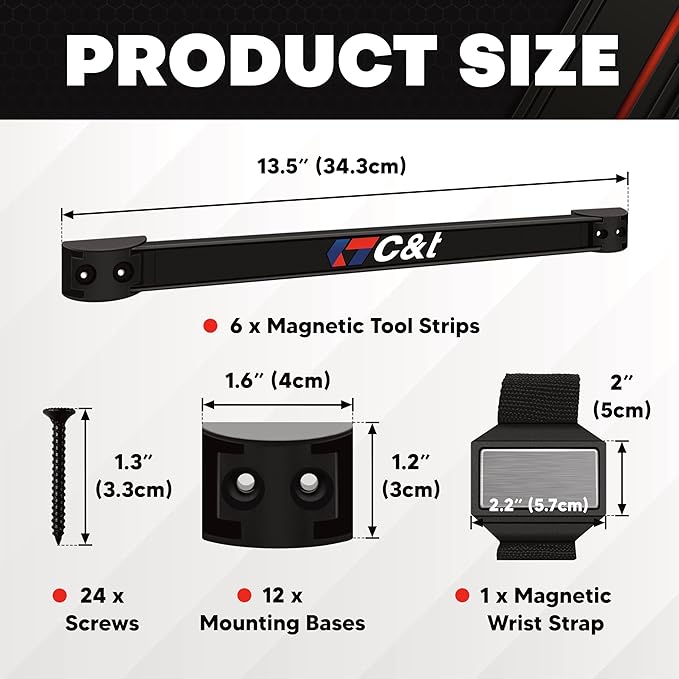 Magnetic Storage Organizer Tool Holder, Magnetic Tool Holder Strip, 6-Pack Magnetic Tool Bar,1-Pack Wrist Magnetic Holder for Garage,Shop and Kitchen | Garage Wall Mount Rack- Mounting Screws Included - Image 2
