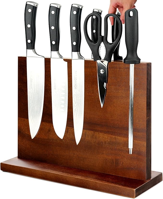 Magnetic Knife Block Double Sided Magnetic Knife Holder Rack with Strong Enhanced Magnets Acacia Wood Magnetic Knife Storage Stand-Dark Brown - Image 8