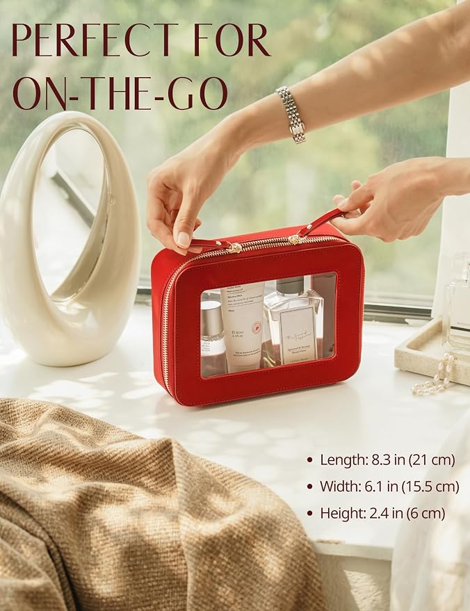 Clear Makeup Bag with Zipper, Women Travel Toilrty Bag Red Medium | Structured Clear Cosmetic Case, Car Essential Organizer Bag, Waterproof PU Leather, Dual Zipper, Wide Opening and Compact - Image 3