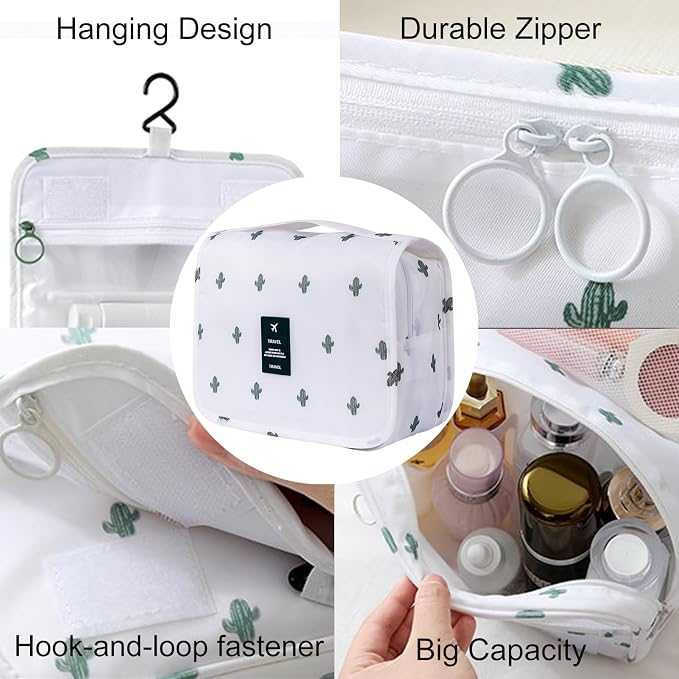 Travel Toiletry Bag for Women, Hanging Toiletry Bag with Multi-Pockets, Toiletry Bag for Traveling Easy Clean, Travel Organizer Cactus Pattern - Image 5