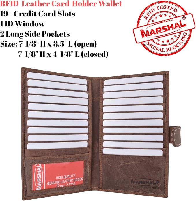 Marshal Bifold Leather RFID Blocking Wallet For Men & Women | Genuine Leather Holder With 19 Slots, 2 Bill Compartments & ID Window | For Credit/Debit Cards, Money & More (Vintage with Snap) - Image 3