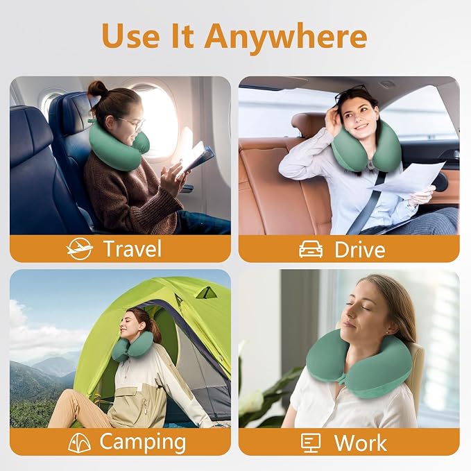 Travel Pillow, Memory Foam Neck Pillow for Traveling, U Shape Airplane Portable Flight Pillow Adult Travel Neck Pillow for Plane Train Car Home Office (Green) - Image 7