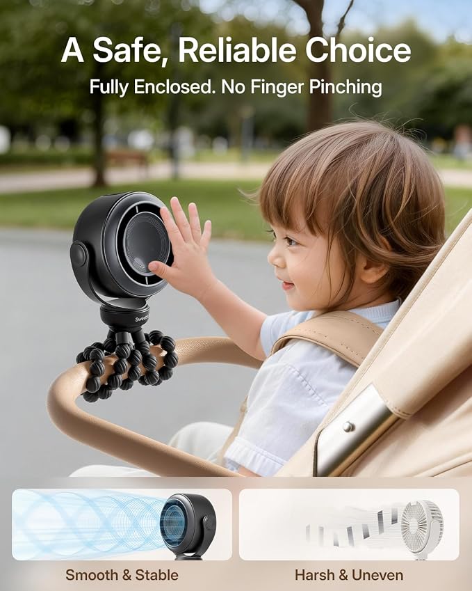 SWEETFULL Portable Stroller Fan, Pinch-Proof Baby Fan - Black | Wide Turbine Airflow; Safe Design; LED Display; 5-Speed; 30dB Quiet; USB-C Rechargeable; Mini Clip On Fan for Car Seat & Bed - Image 2