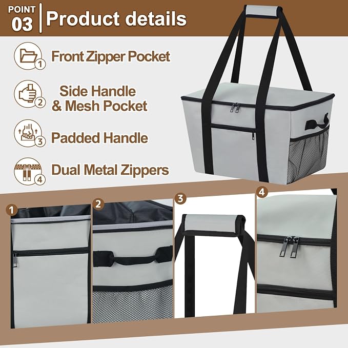 Reusable Grocery Bag – Expandable Insulated Cooler Bag with Bottom Board, Collapsible Insulated Shopping Bag with Zipper & Drawstring, Heavy Duty Tote Bag for Shopping, Delivery, Picnic, Beach - Image 5