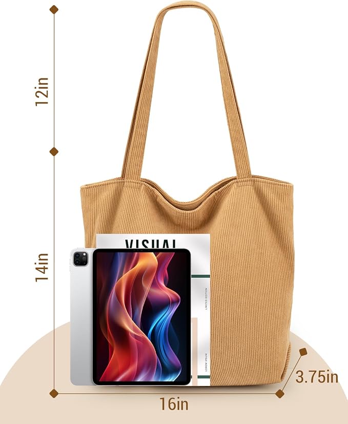 Iioscre Corduroy Tote Bag for Women,Hobo HandBags with Zipper | Large Capacity Casual Shoulder Bag with Inner Pockets for Shopping Work Daily Travel. - Image 4